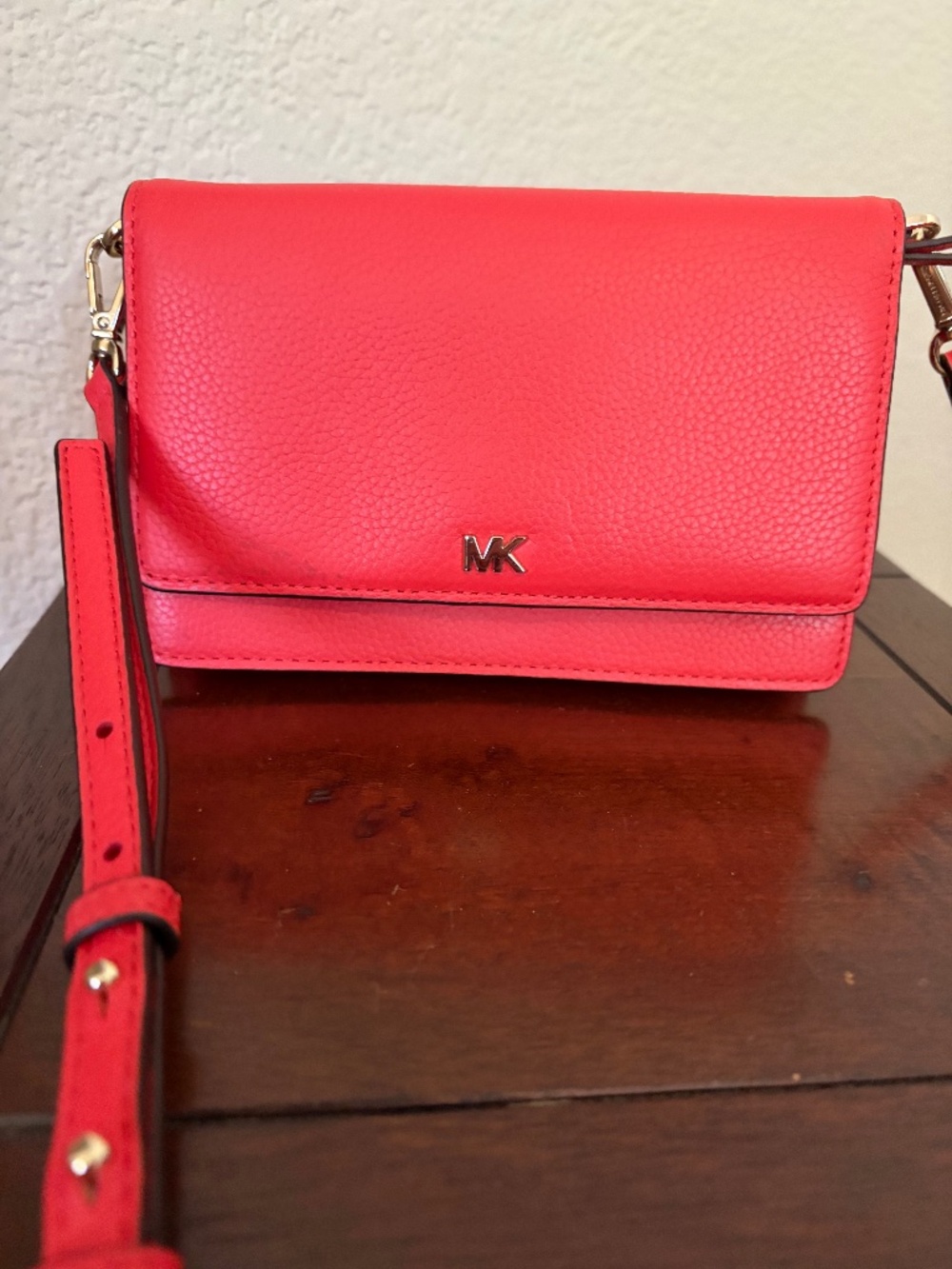 Michael Kors Red Pebbled Leather Wallet Crossbody Bag